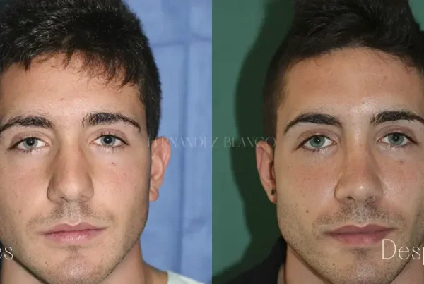 Antes y después de una rinoplastia abierta. Vista frontal. Caso de Alberto